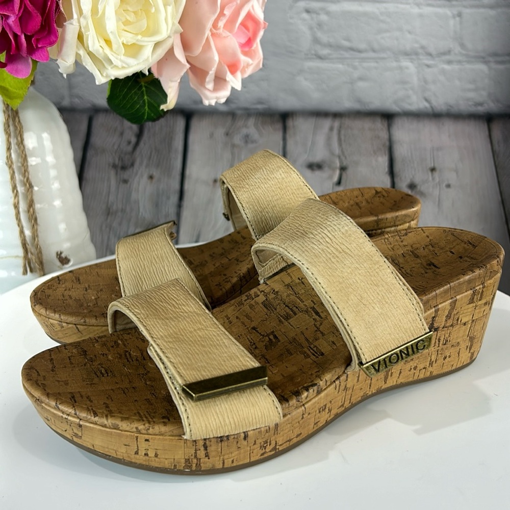 VIONIC PEPPER RUCHED Tan Adjustable Straps Slip On Orthopedic Platform Wedges